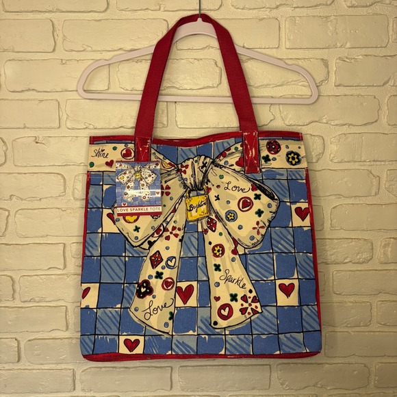 NWT Brighton Sparkle Love Canvas Tote Bow Cherry Cat Print New MSRP $150 - Picture 2 of 6